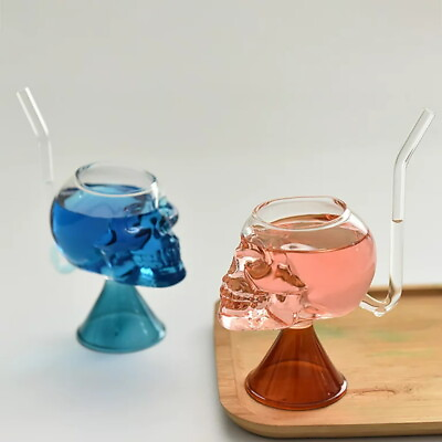 #ad 200ml Vintage Skull Glass Cup W Built In Straw Fun Cocktail Glasses US $12.34