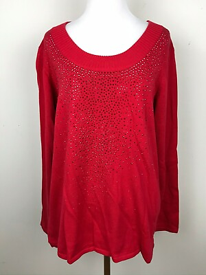 #ad Quacker Factory Red Sweater Rhinestone Sparkle Front Holiday Top Sz M $21.00