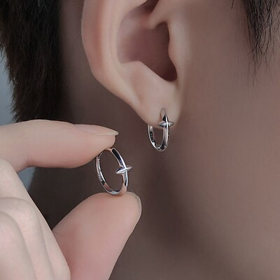 #ad 925 Silver Plated Star Hoop Earrings for Men WomenPunk Hip Hop Earrings $11.99
