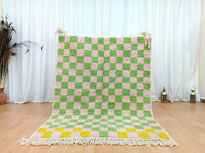 #ad 4x5 Area Checkerboard Berber Moroccan Rug Green Pink Yellow Handmade Wool Carpet $397.50