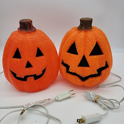 #ad 2 Vtg Halloween Melted Plastic Popcorn Light Up Jack O Lantern Pumpkin 10quot; $37.95