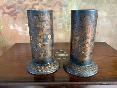 #ad Pair English Chinese Chinoiserie Papier Mache Chinoiserie Spill Vases C1850 $225.00