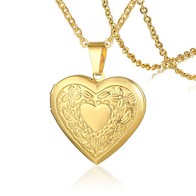 #ad Gold Plated Heart Locket Pendant Necklace Photo 22quot; Link Chain New $9.51