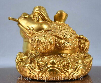 #ad 7.2quot; Old Chinese Copper Gild Dynasty Palace Golden Toad Toad Wealth Statue AU $380.00