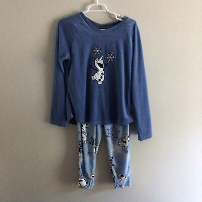 #ad Disney Frozen Women M 8 10 Blue Fleece Olaf Winter Graphic Top Pants Pajama Set $18.99