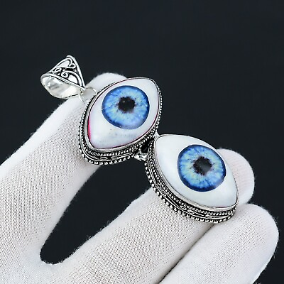 #ad Dark Blue Color Double Human Eye Pendant Handmade 925 Sterling Silver Pendant $14.99