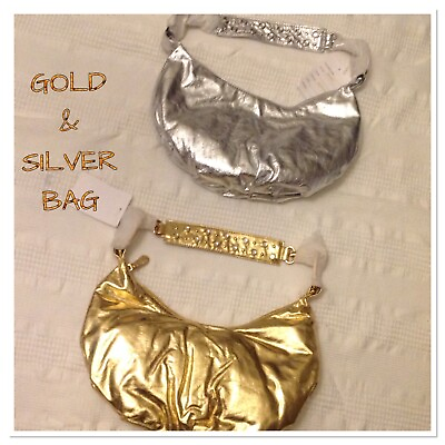 #ad 2 SMALL GOLD amp; SILVER BAGS  with STONES MAN MADE MATERIAL PURSE SHOLDER STRAPS $30.00