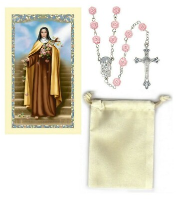 #ad St. Therese Prayer Card Pink Rose Bead Rosary and Cream Velour Rosary Pouch $14.99