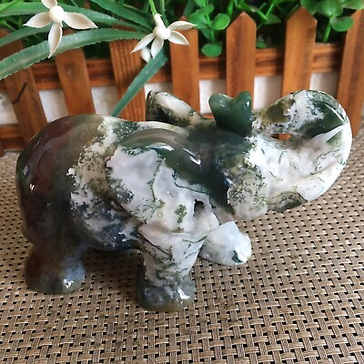 #ad 607g Natural Moss Agate Carved elephant Mn2017 $116.07