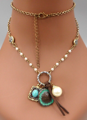 #ad Eclectic Bohemian Pendant Necklace Cross Gemstone Patina Copper Charm Faux Pearl $12.00