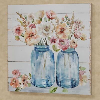 #ad Summer Daydream Floral Jar Canvas Wall Art Blue Peach Country Cottage Decor $62.99