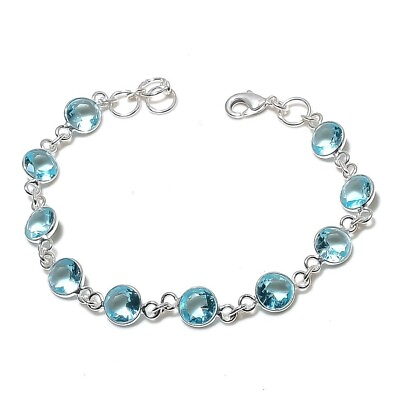 #ad Aqua Aquamarine Gemstone Handmade 925 Sterling Silver Jewelry Bracelet Sz 7 8quot; $10.99