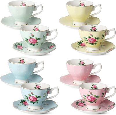 #ad BTaT Floral Tea Cups and Saucers Set of 8 8 oz Multi color with Gold Trim $47.49