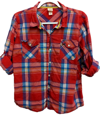 #ad Mossimo supply co. red blue plaid button down women#x27;s roll up sleeve top XXL $13.99