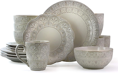 #ad Elegant round Embossed Stoneware High Class Dinnerware Dish Set 16 Piece White $58.99