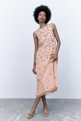 #ad NWT Zara Limited Edition Sleeveless Mesh Floral Appliqué Beaded Midi Dress sz M $89.00