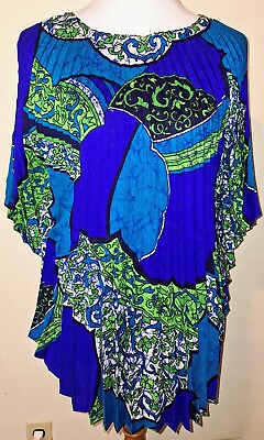 #ad Vtg 60#x27;s Abstract Green Blue Clover Geometric Print Surf Beach Cover Up Pleated $46.75