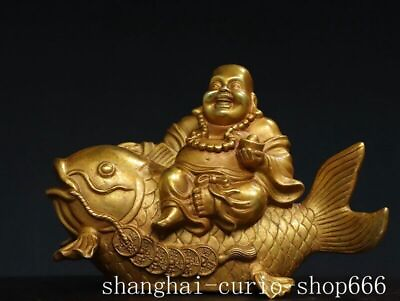 #ad 10.4quot;Ancient temple Bronze gilt coin ingot yuanbao fish Maitreya Buddha statue $380.00