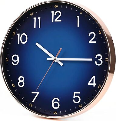 #ad Decor Home Blue Wall Clock 12quot; Non Ticking Modern Round Quality Quartz Silent $47.60