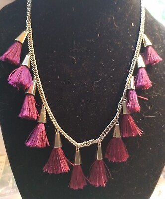 #ad statement necklace with maroon tassels on gold tone chain 22#x27; long. $8.47