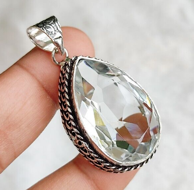 #ad Clear Crystal Quartz Pendant 92.5 Silver Plated Handmade Boho Vintage Jewelry $15.99
