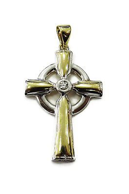#ad 14K Two Tone Gold Diamond Cross Crucifix Charm Necklace Pendant 1.4g $198.99