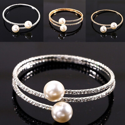 #ad Diamante Pearl Bangle Spiral 3Row Crystal Bridal Bracelet Women Bracelet Wrap $5.83