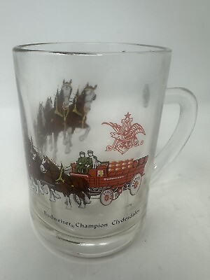 #ad Budweiser Champion Clydesdales Clear Glass Beer Coffee Cup Mug $18.00