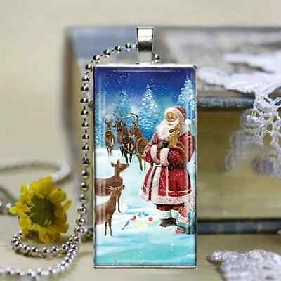 #ad Santa Claus And Reindeer Rectangular Pendant Charm Necklace Chistmas Gift $15.95