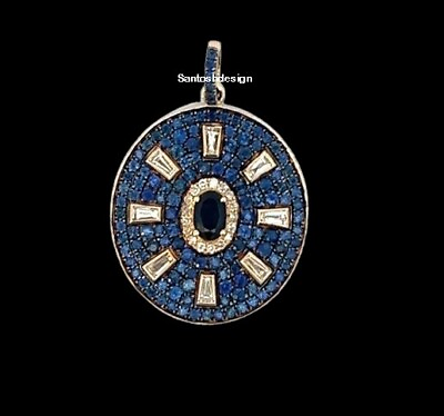 #ad Beautiful Oval Blue Sapphire Diamond Bagutte 925 Sterling Silver Charm Pendant $154.21