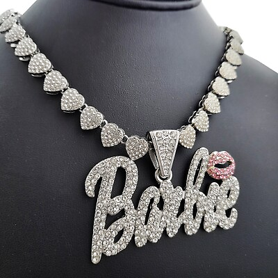 #ad Women Silver Plated Barbie Charm amp; 20quot; Iced Cubic Zirconia Heart Chain Necklace $36.99