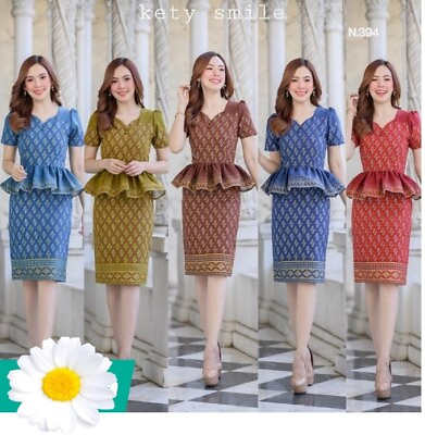 #ad Thai Style Dress Traditional Skirt Printed Cotton Fashion Women Lady Elegant $68.99
