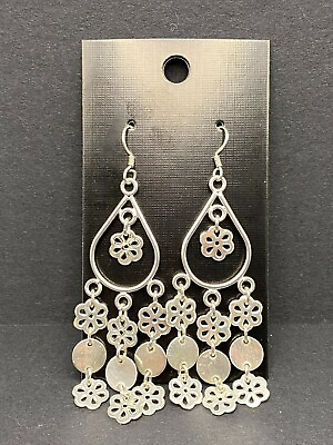 #ad Chandelier Earrings Sterling Silver and Silver Tone Teardrop Flowers VINTAGE $40.00