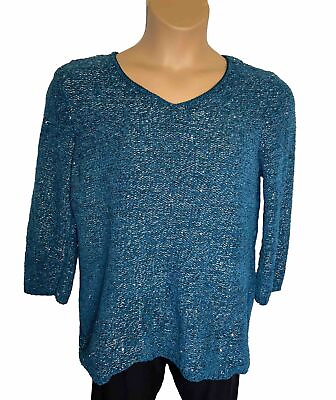 #ad Chicos sweater pullover teal silver metallic sequins Chicos size 1 = size 8 $15.99