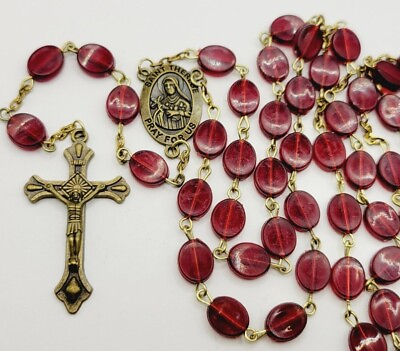 #ad Red Flat Beaded Rosary Silver Tone INRI Crucifix Cross † St. Teresa Pray for US $9.68