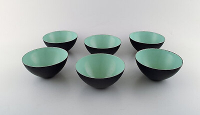 #ad Set of six Krenit bowls by Herbert Krenchel. Black metal and mint green enamel. $500.00