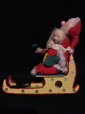#ad Vintage Antique SANTA on Bright Sleigh With Doll HP Mixed Fabrics Wood ca. 1950 $59.95