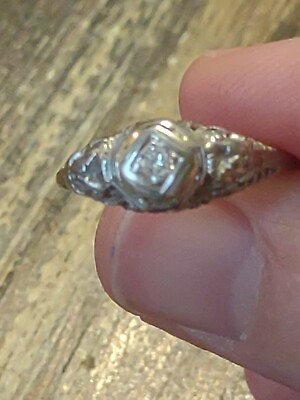 #ad Antique 18K gold Filagree 0.08 Ct Diamond Ring size 6 $375.00