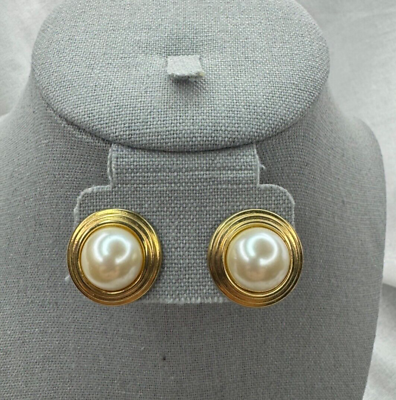 #ad Vintage Gold Tone Button Earrings with Faux Pearl Center $9.34