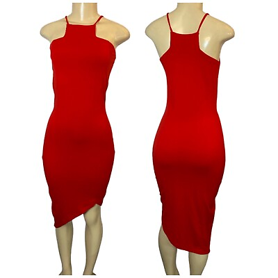 #ad Express Midi Bodycon Red Halter Dress Asymmetrical Rayon Blend Stretch Small $19.50
