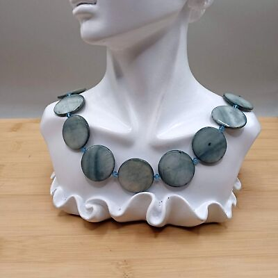 #ad Vintage Polished Blue Shell Round Beaded Necklace with Blue Clear Glass Beads $8.00