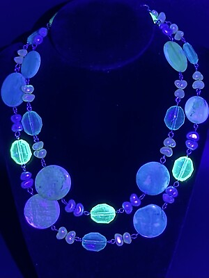 #ad Uranium Vintage Art Deco Necklace Glass Beads Green Blue Shell Pearl $29.99