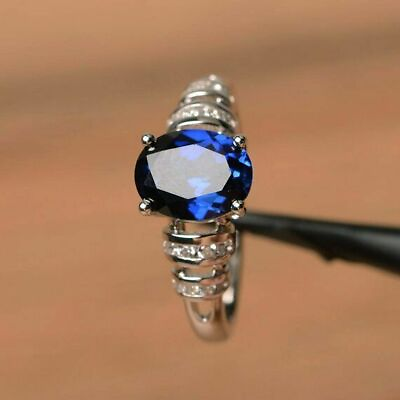 #ad 2Ct Oval Unique Simulated Blue Sapphire Engagement Ring 14K White Gold Plated $102.84