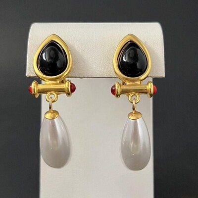 #ad Style Earrings Gold Faux Pearl Dangle Drop Black Red Clip On $5.59