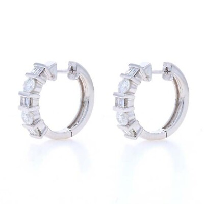 #ad White Gold Diamond Hoop Earrings 14k Round amp; Baguette 1.40ctw Pierced $1199.99