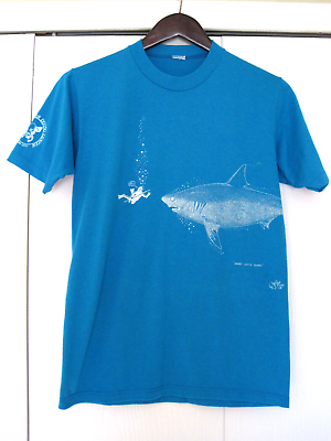 #ad Vtg T shirt DIVER SHARK Funny Oh S**t Chris Sawyer Diving Fluid Blue 1984 Size M $18.00