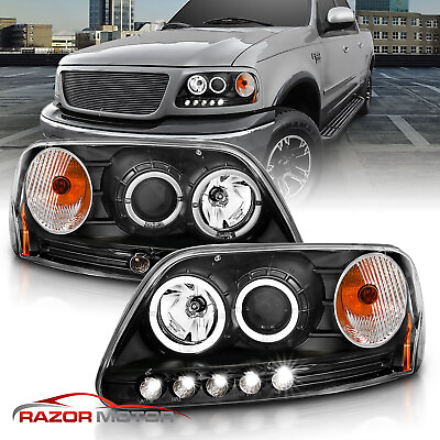 #ad 1997 2003 For Ford F 150 LED Halo Ring Projector Black Headlights $126.22