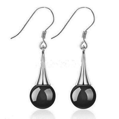 #ad Fashion 10mm Natural Black Agate Beads 925 Solid Silver Dangle Earrings $2.84