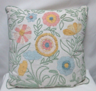 #ad Embroidered throw pillow floral pink blue white large 20quot; x 20quot; $34.99