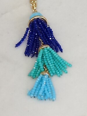 #ad Long Boho Tassel Necklace Gold Tone Tiered Glass Bead Blue Beaded $19.99